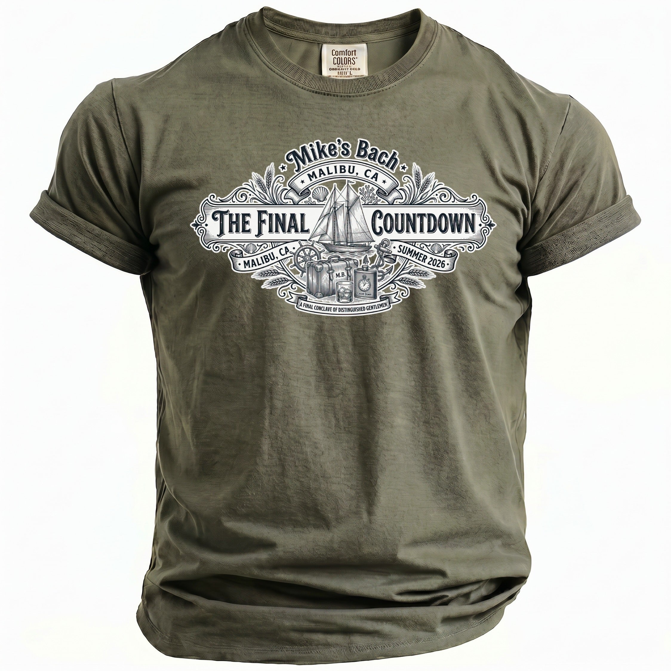 Olive green Comfort Colors t-shirt with a "Mike's Bach The Final Countdown" graphic.