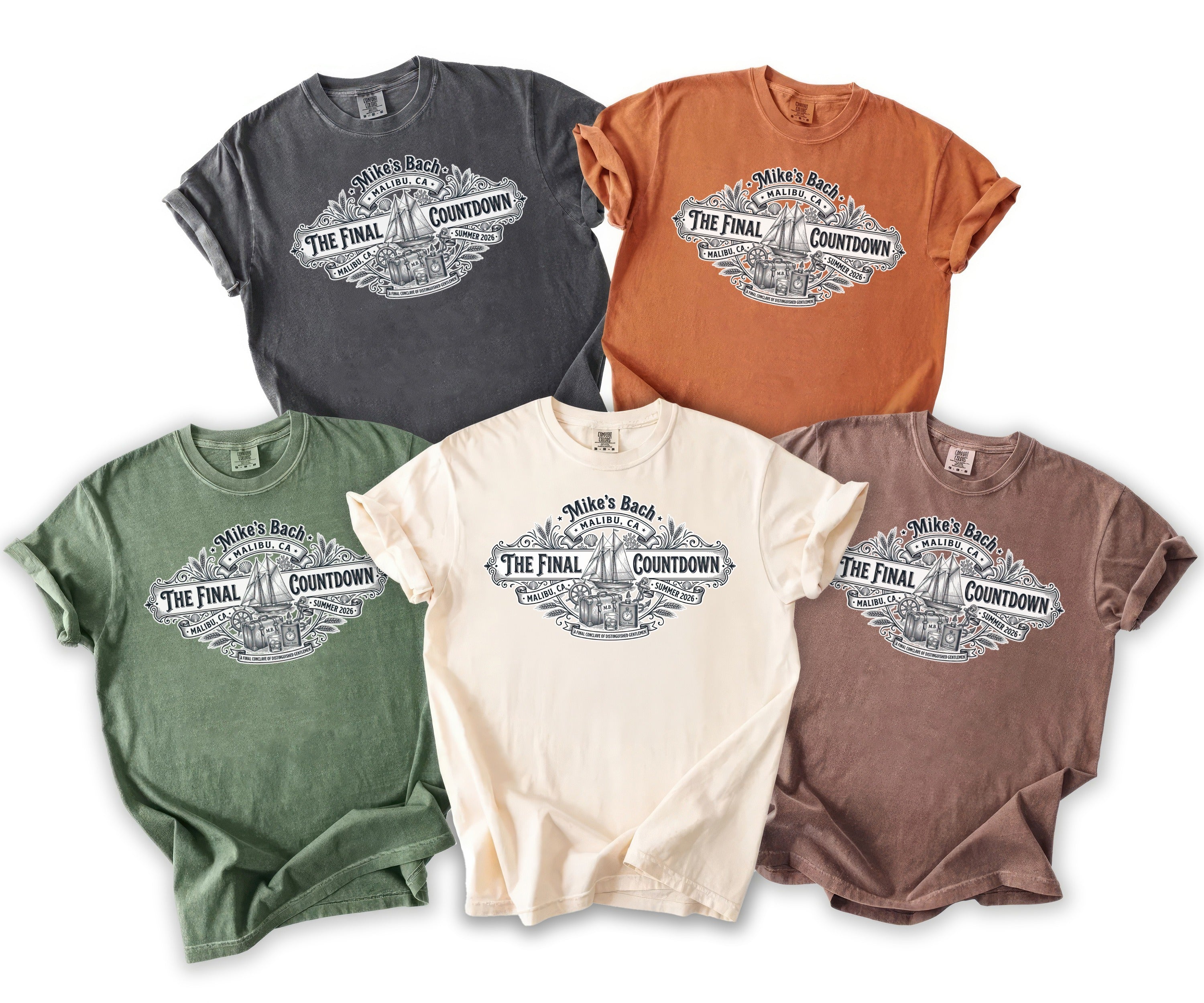 Five t-shirts in various colors with a "Mike's Bach" countdown graphic.