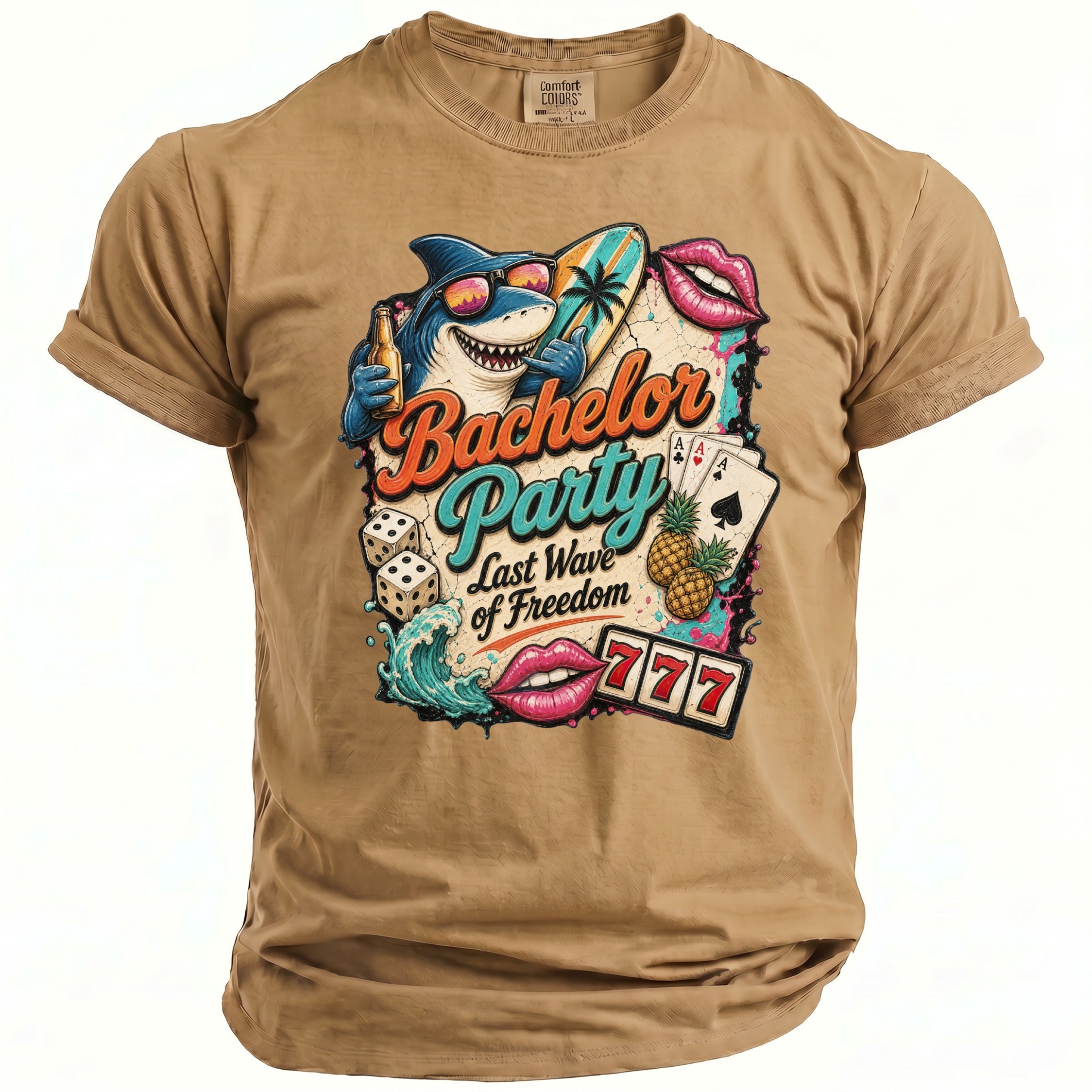 Tan t-shirt with "Bachelor Party Last Wave of Freedom" graphic featuring shark, surfboard, lips, and dice.