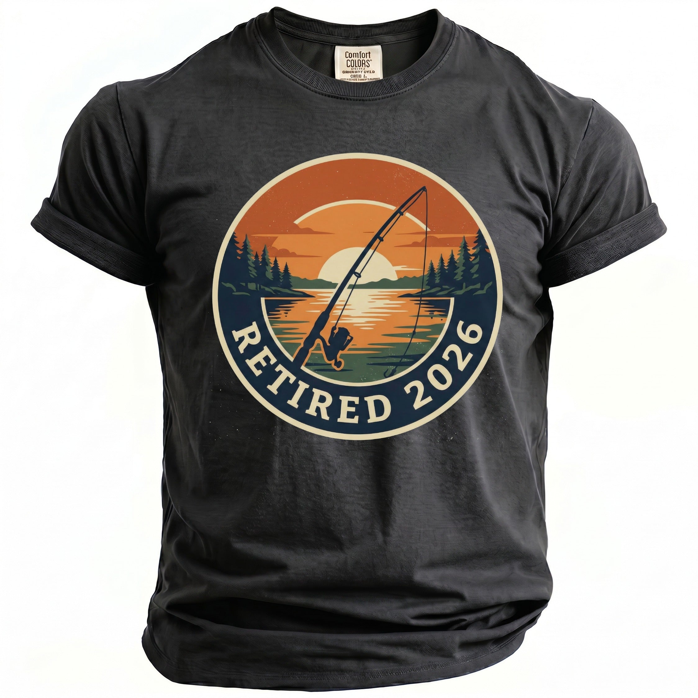 T-shirt with circular graphic of fishing rod, lake, sunset, and text "Retired 2026".