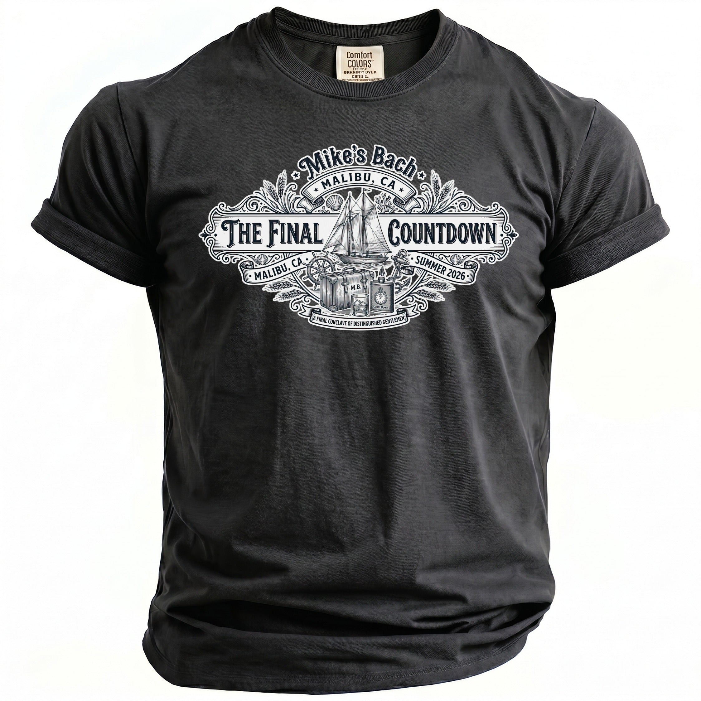 Black t-shirt with "Mike's Bach", "The Final Countdown", and Malibu, CA Summer 2026 graphic.
