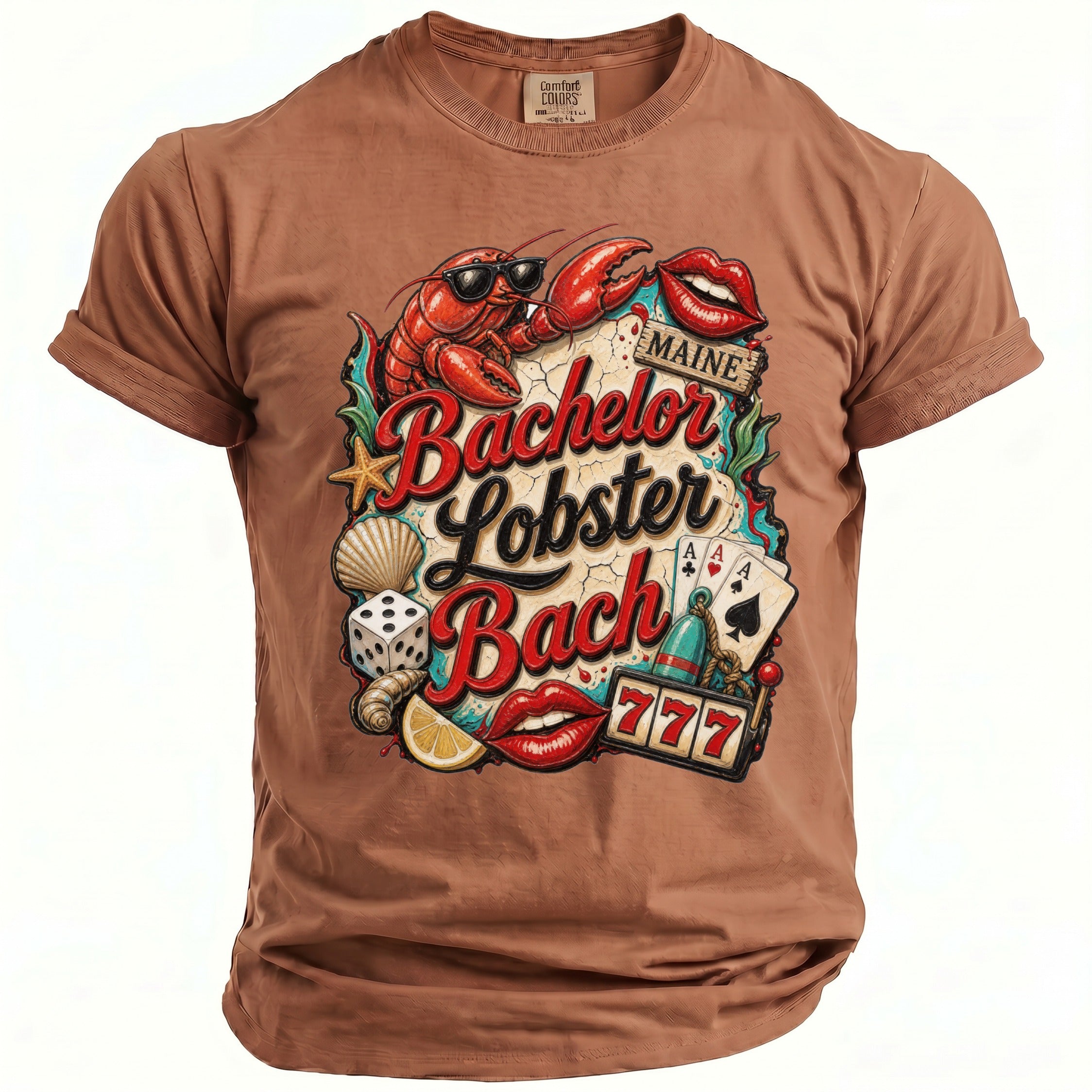 Brown t-shirt with "Bachelor Lobster Bach Maine" graphic, featuring a lobster, dice, and playing cards.