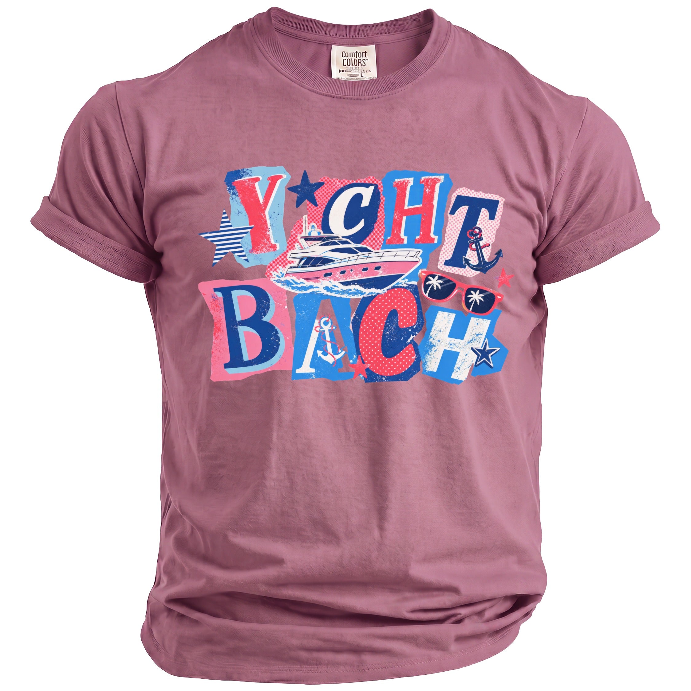 Mauve short-sleeve t-shirt with a blue and red nautical graphic that reads Yacht Bach.