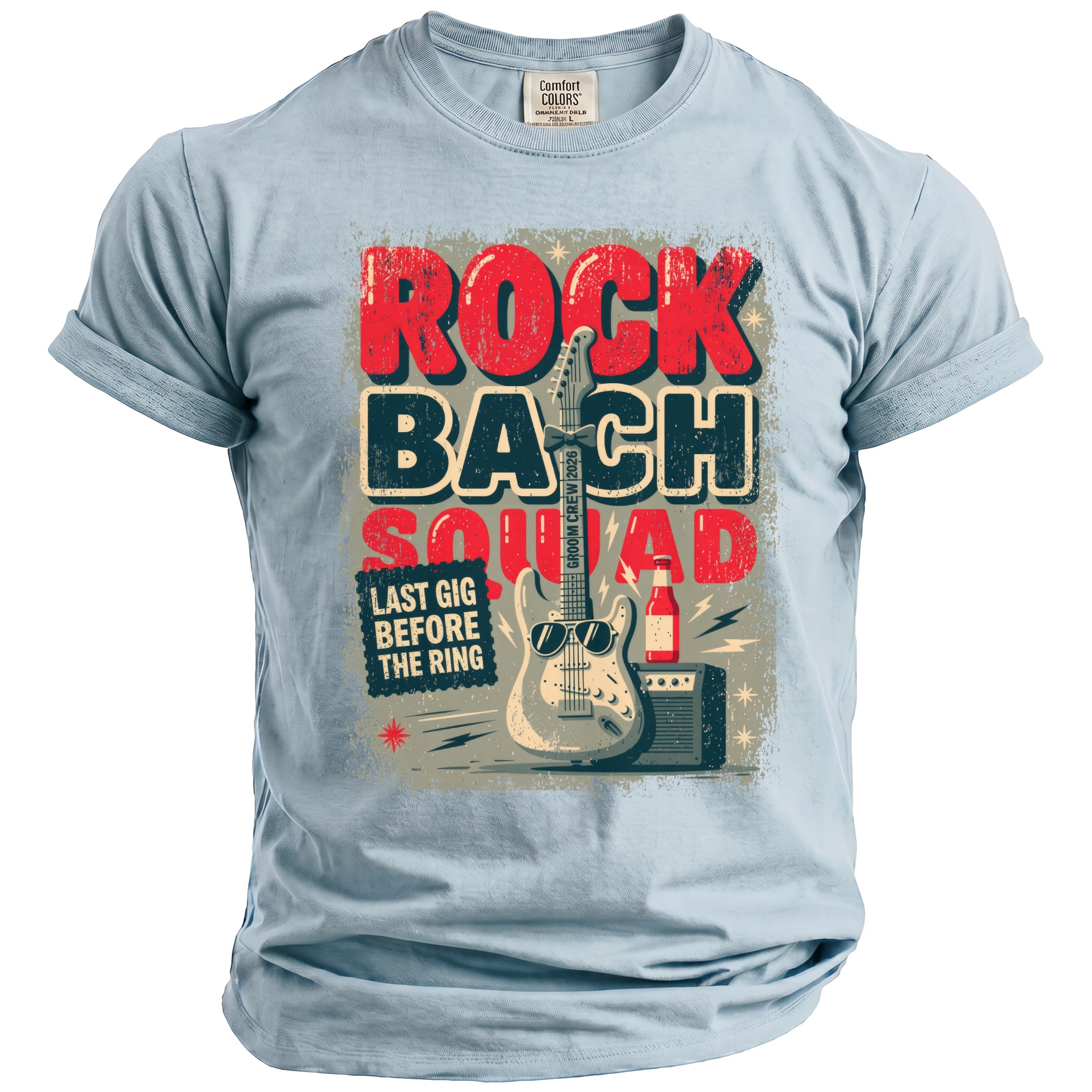 Light blue t-shirt with "Rock Bach Squad" and "Last Gig Before The Ring" graphics.