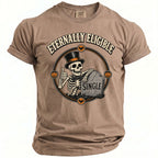 T-shirt graphic of skeleton giving a thumbs up next to a tombstone reading "SINGLE"