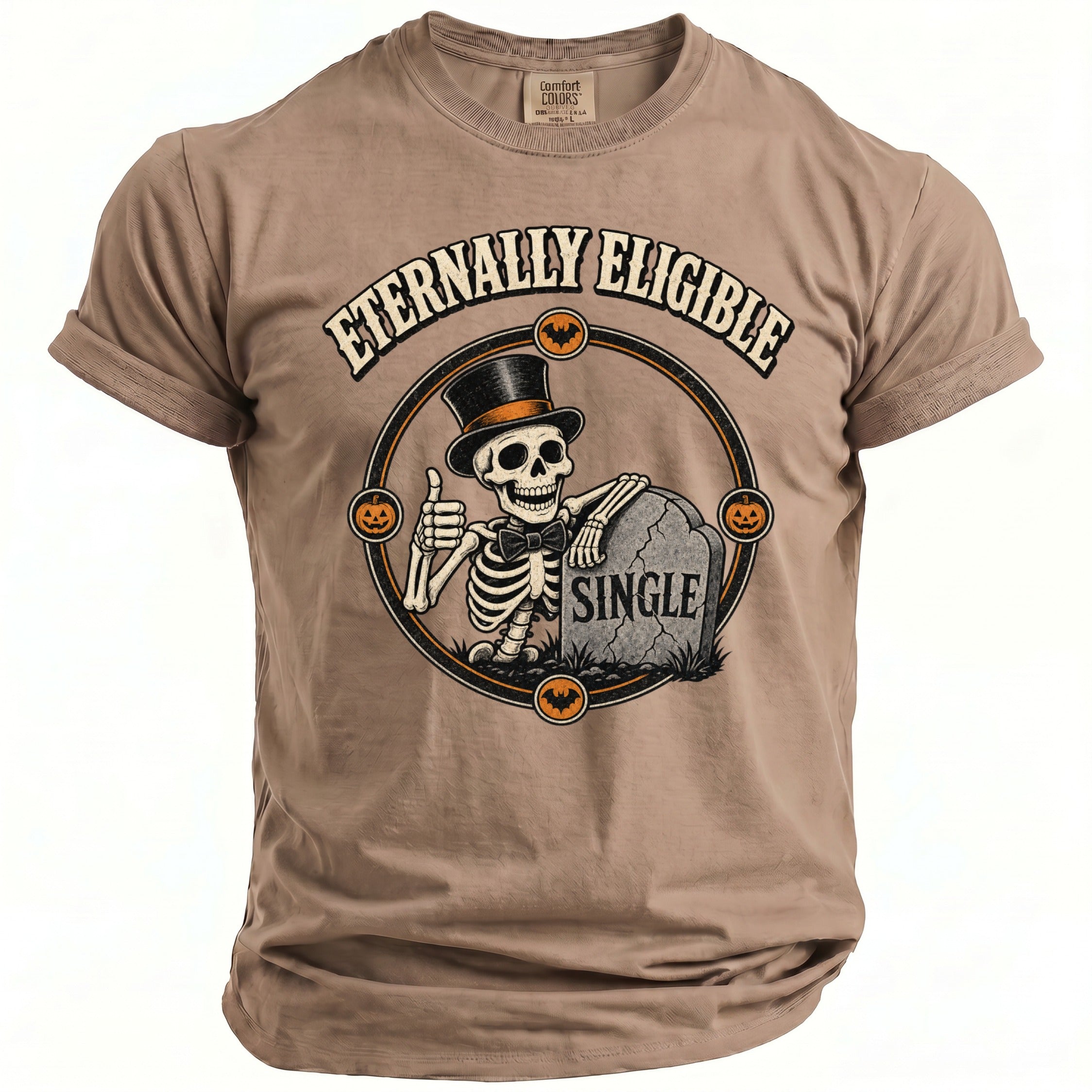 T-shirt graphic of skeleton giving a thumbs up next to a tombstone reading "SINGLE"