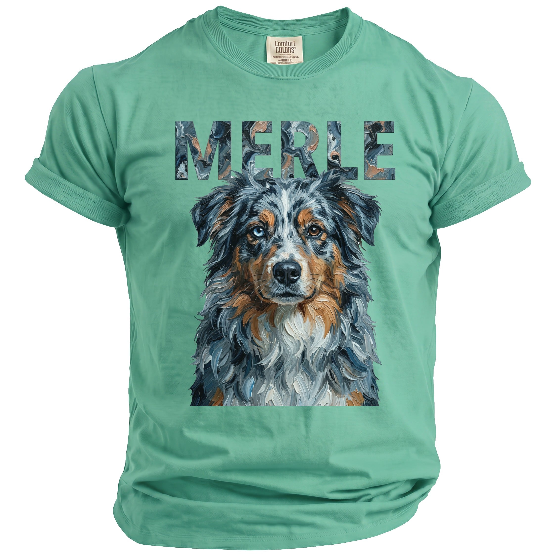 Mint green t-shirt with "MERLE" text and a portrait of an Australian Shepherd dog.