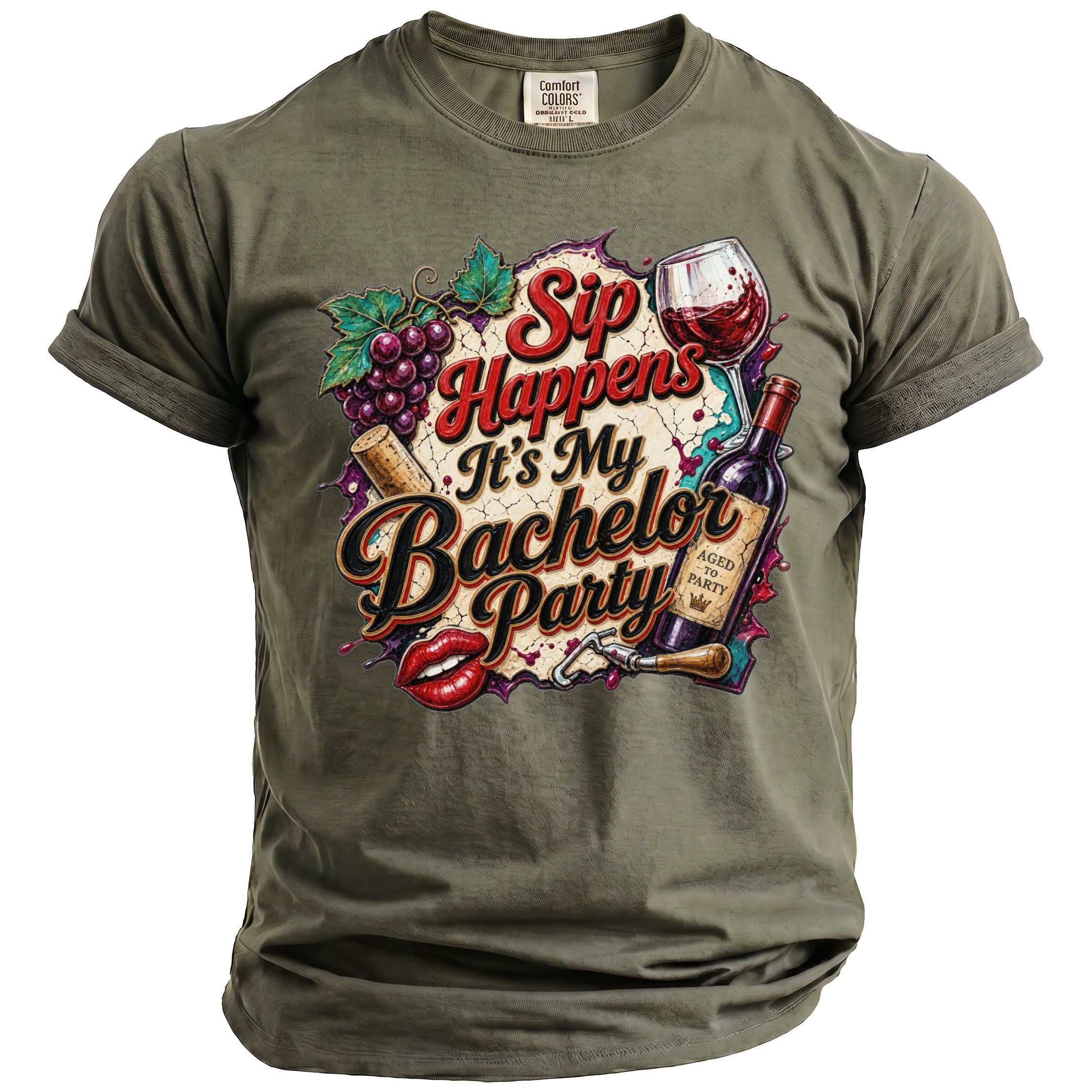 Olive green t-shirt with "Sip Happens It's My Bachelor Party" graphic.