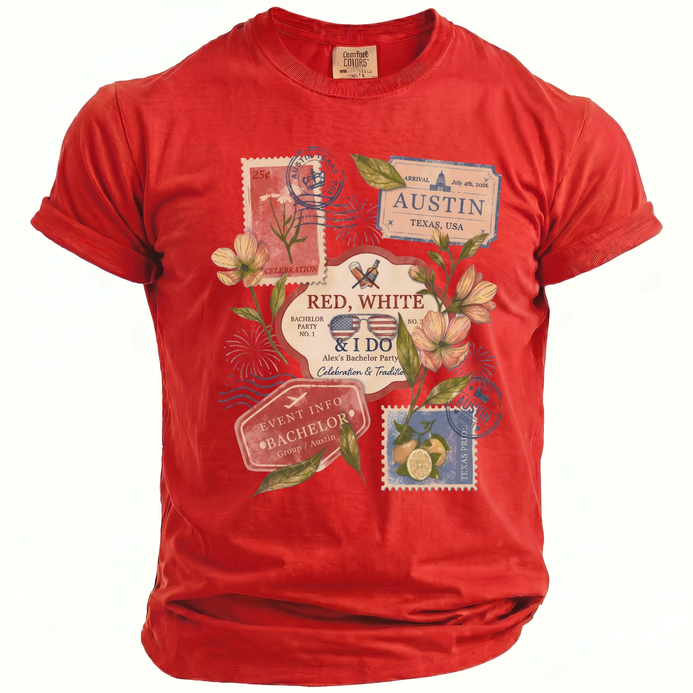 Red t-shirt with Austin Bachelor Party graphics, including stamps and sunglasses.
