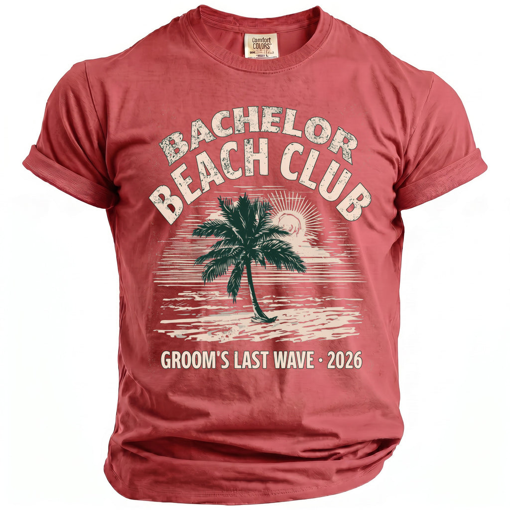 Red t-shirt with "Bachelor Beach Club Groom's Last Wave 2026" graphic.