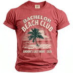 Red t-shirt with "Bachelor Beach Club Groom's Last Wave 2026" graphic.