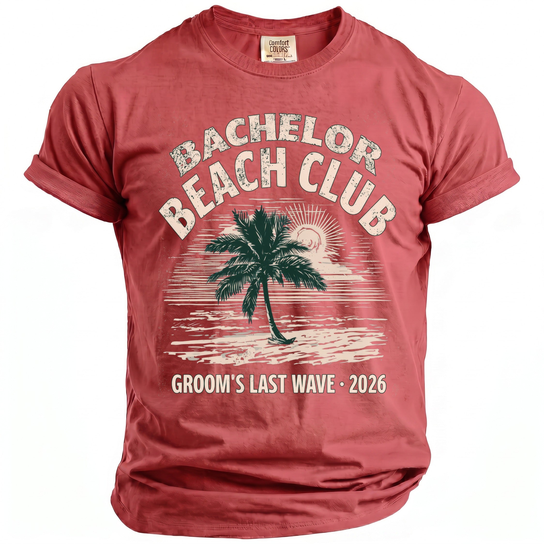 Red t-shirt with "Bachelor Beach Club Groom's Last Wave 2026" graphic.
