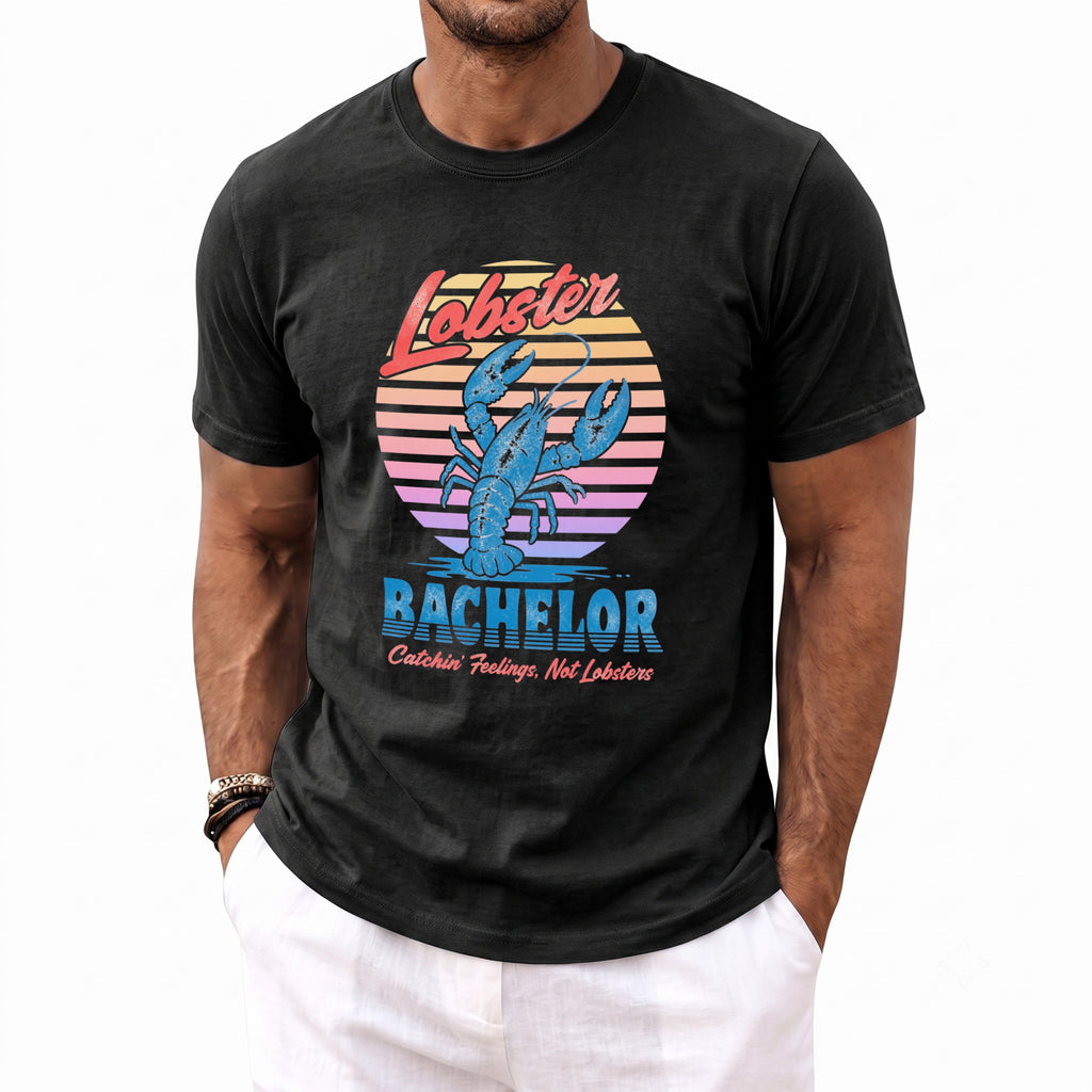 Black t-shirt with blue lobster graphic and text "Lobster Bachelor Catchin' Feelings, Not Lobsters".