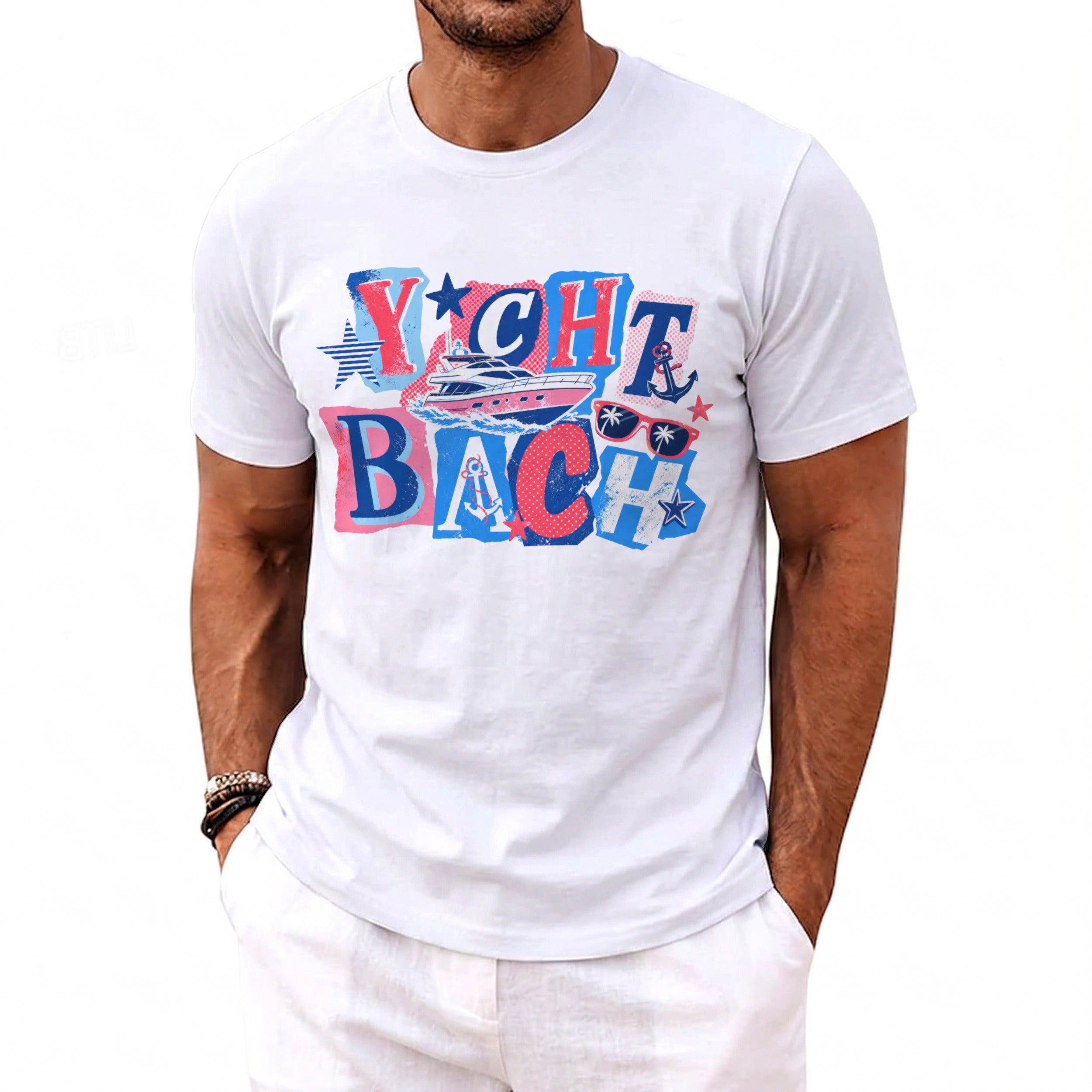 A man wearing a white crewneck t-shirt with a blue and pink yacht design and text.