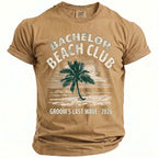 Tan t-shirt with "Bachelor Beach Club Groom's Last Wave 2026" graphic.