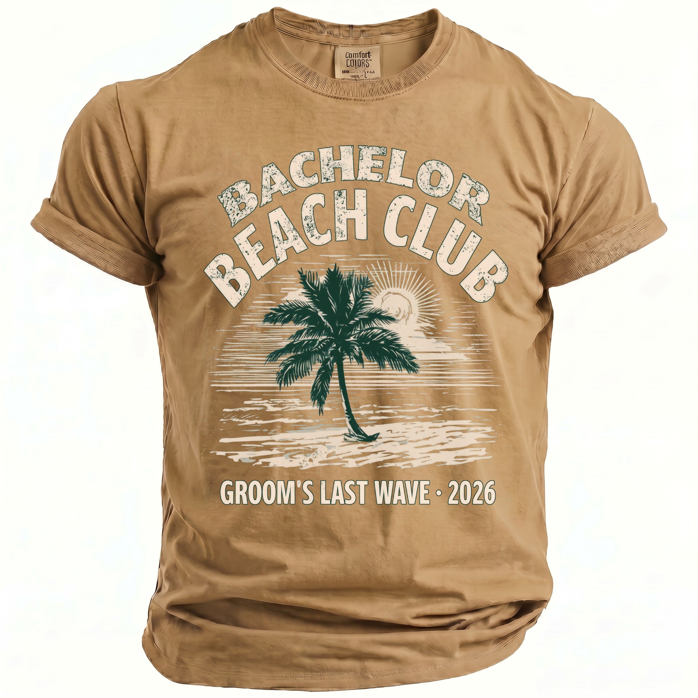 Tan t-shirt with "Bachelor Beach Club Groom's Last Wave 2026" graphic.