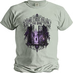 T-shirt with "Some Curses Follow You Home" text and a dark, gothic gate illustration.