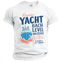 White t-shirt with "Bachelor Yacht Bach Level Unlocked" graphic and boat illustration.