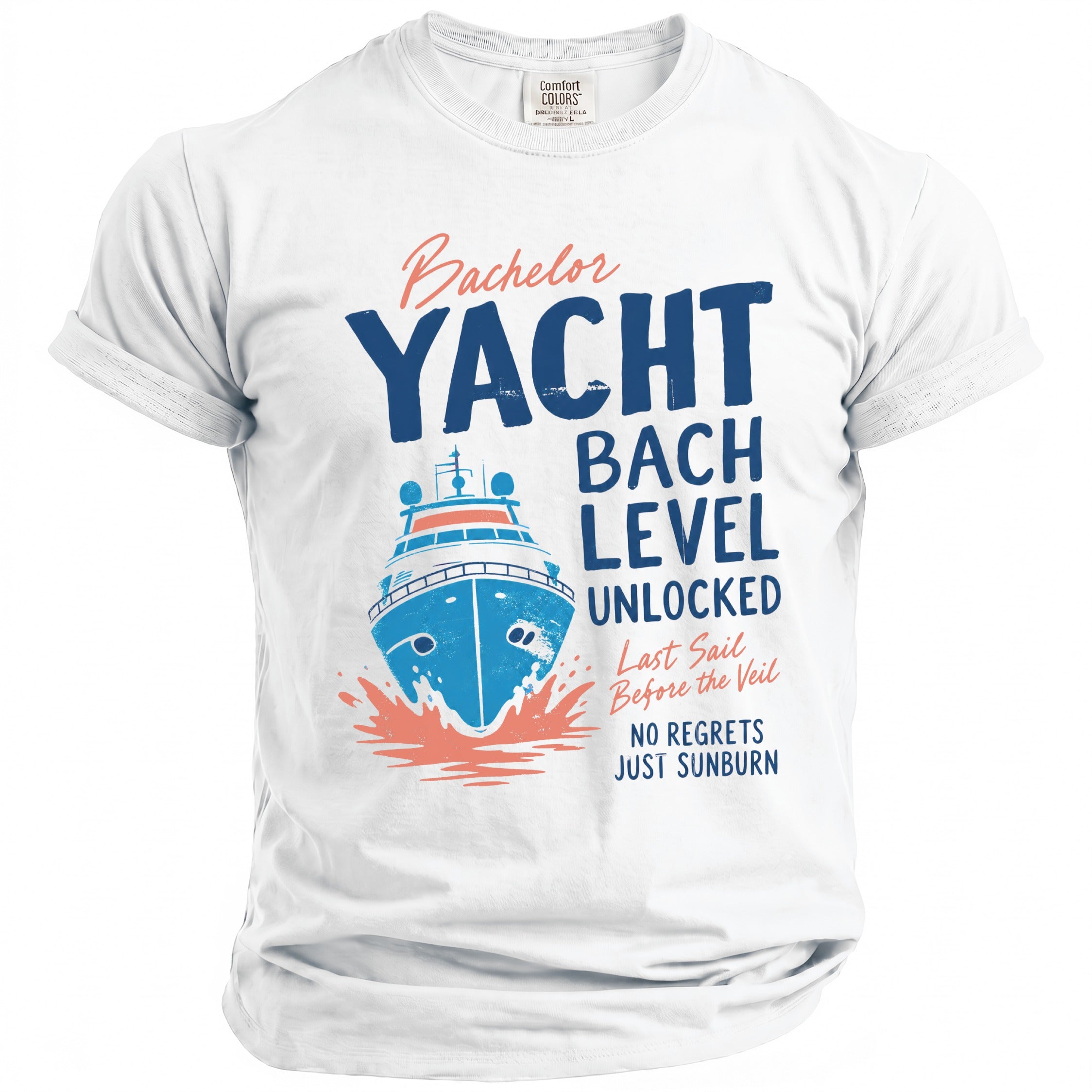 White t-shirt with "Bachelor Yacht Bach Level Unlocked" graphic and boat illustration.