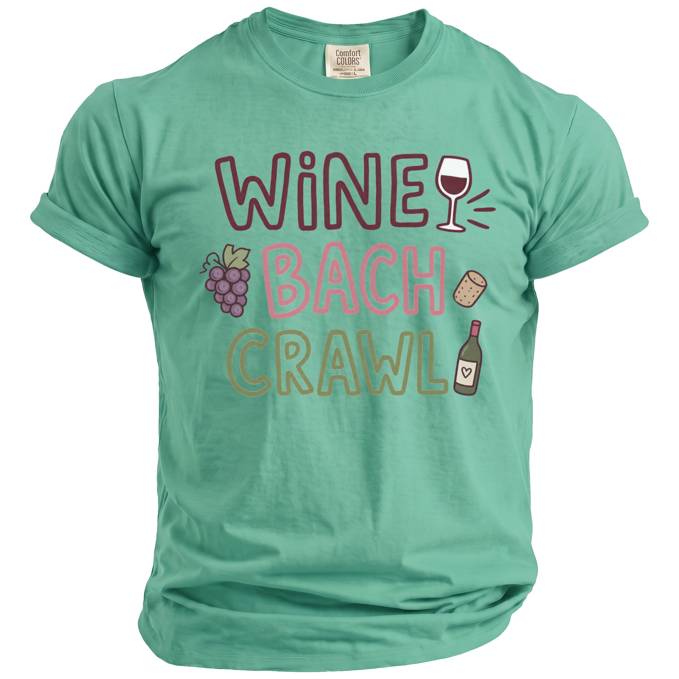 Green t-shirt with "WINE BACH CRAWL" text and wine-themed graphics.
