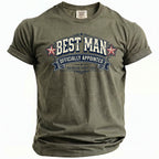 Olive green t-shirt with "BEST MAN OFFICIALLY APPOINTED BACHELOR PARTY 2026" graphic.