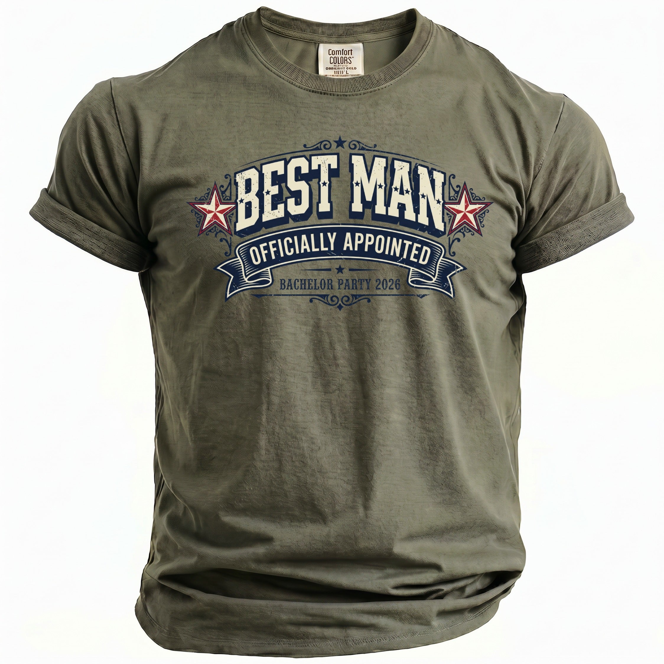 Olive green t-shirt with "BEST MAN OFFICIALLY APPOINTED BACHELOR PARTY 2026" graphic.
