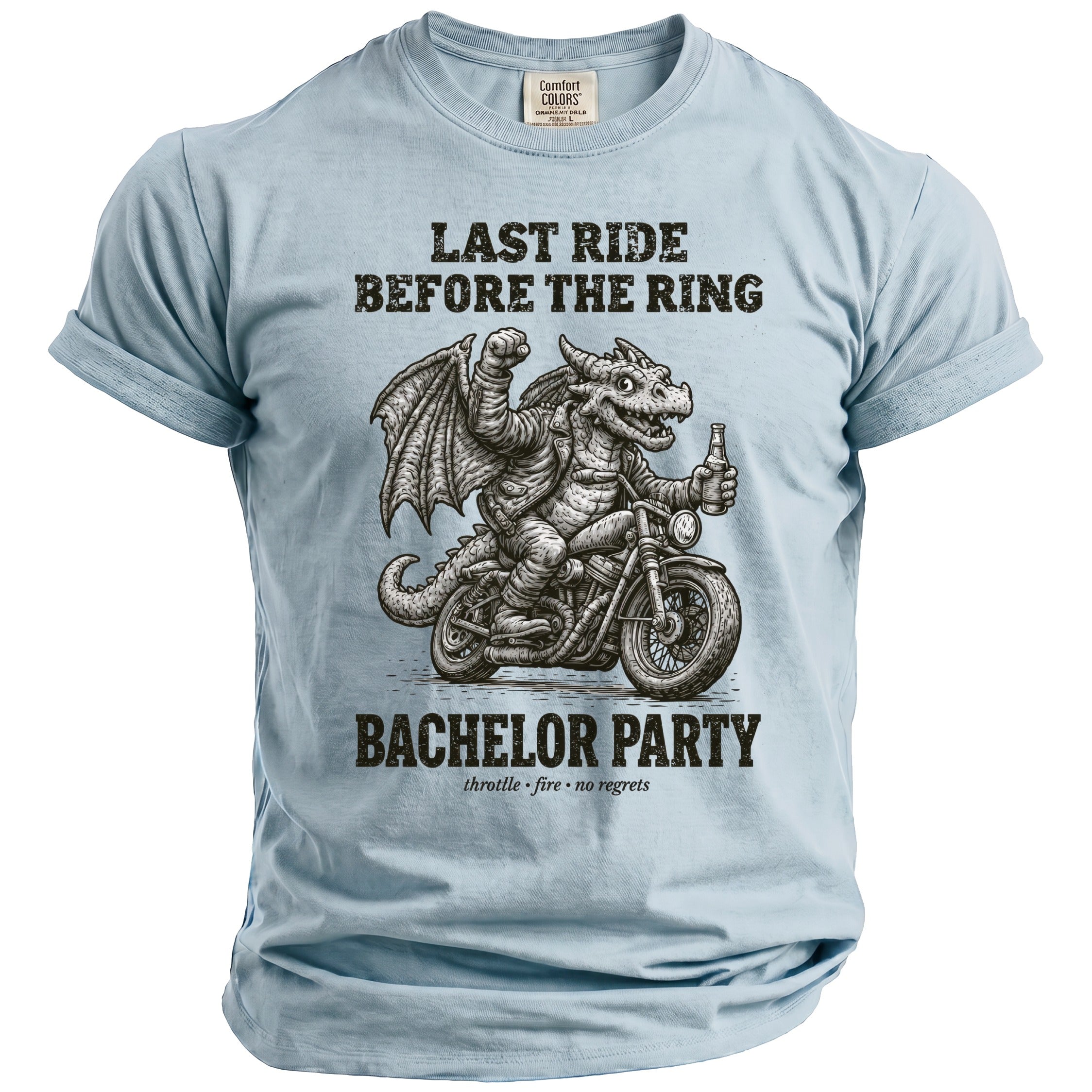 Light blue t-shirt with a dragon riding a motorcycle and text.