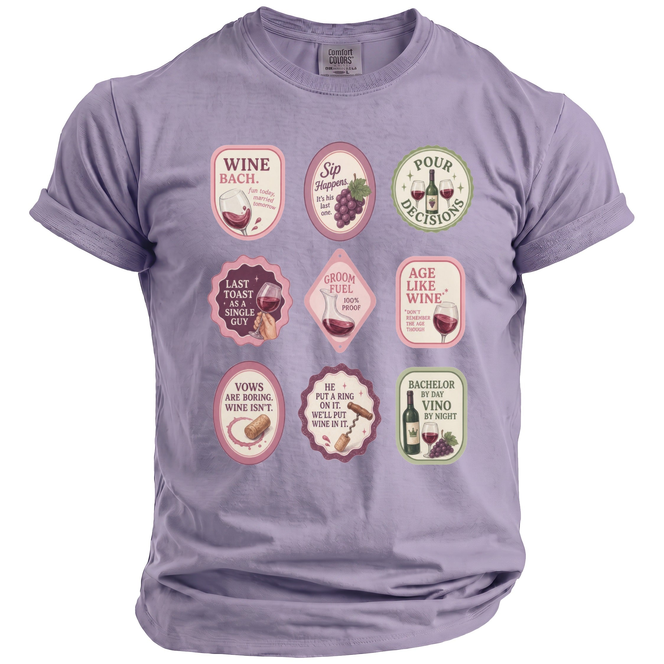 Purple t-shirt with nine wine-themed graphics and text.