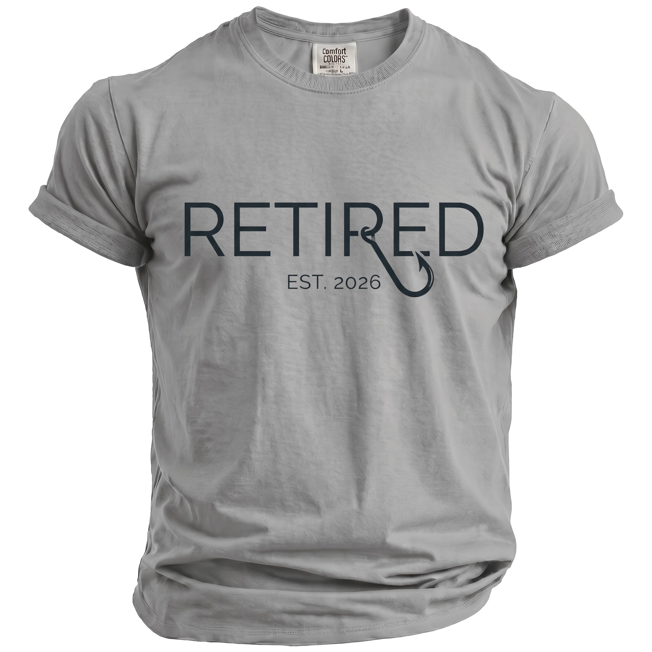 Gray t-shirt with "RETIRED EST. 2026" text and a fishing hook graphic.