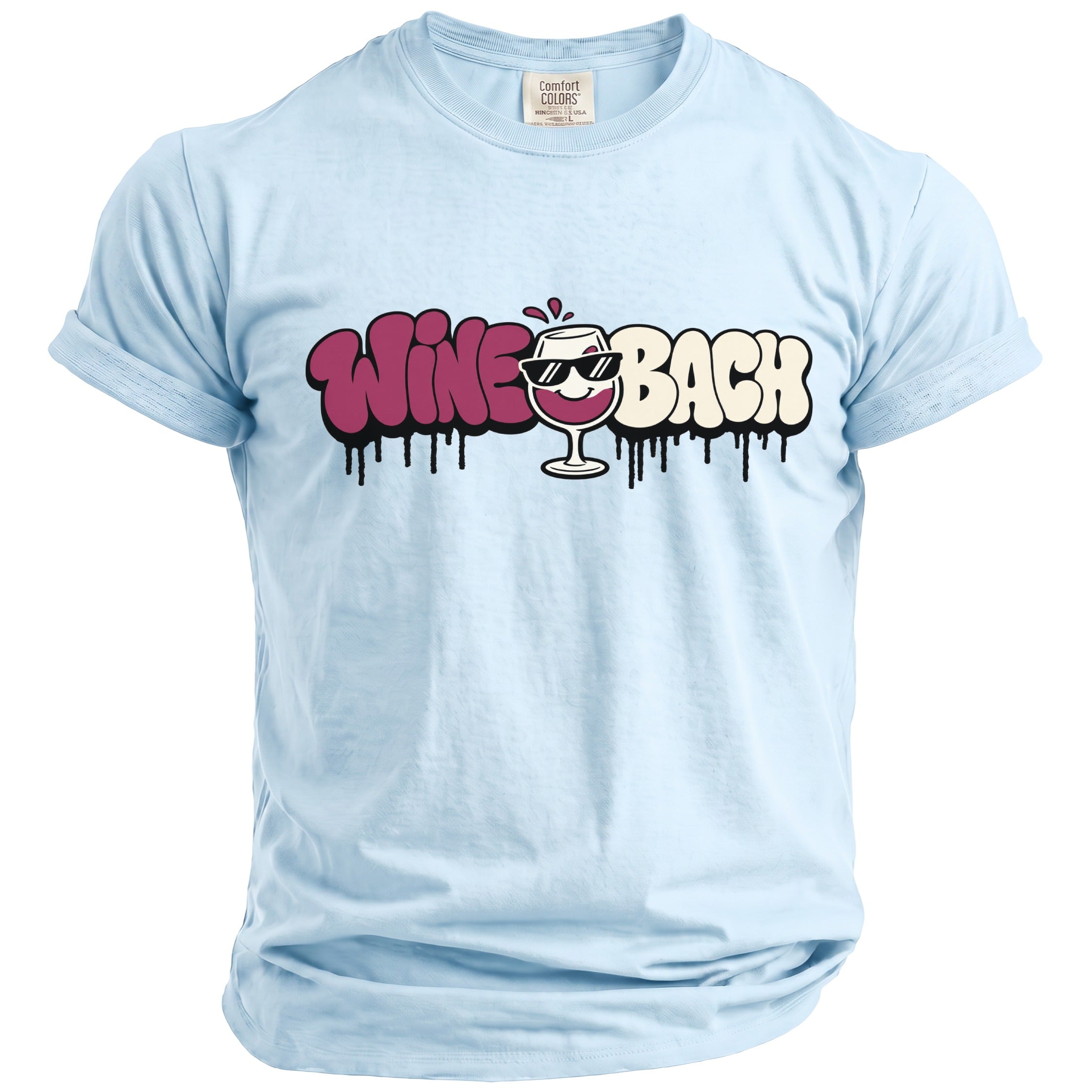 Light blue t-shirt with "Wine Bach" graphic and wine glass character.