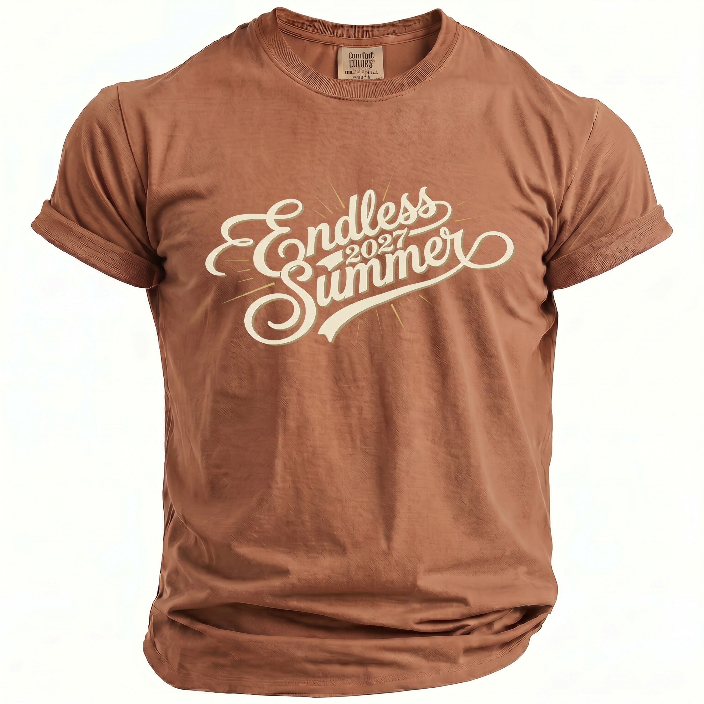 Brown Comfort Colors t-shirt with "Endless Summer 2027" graphic print.