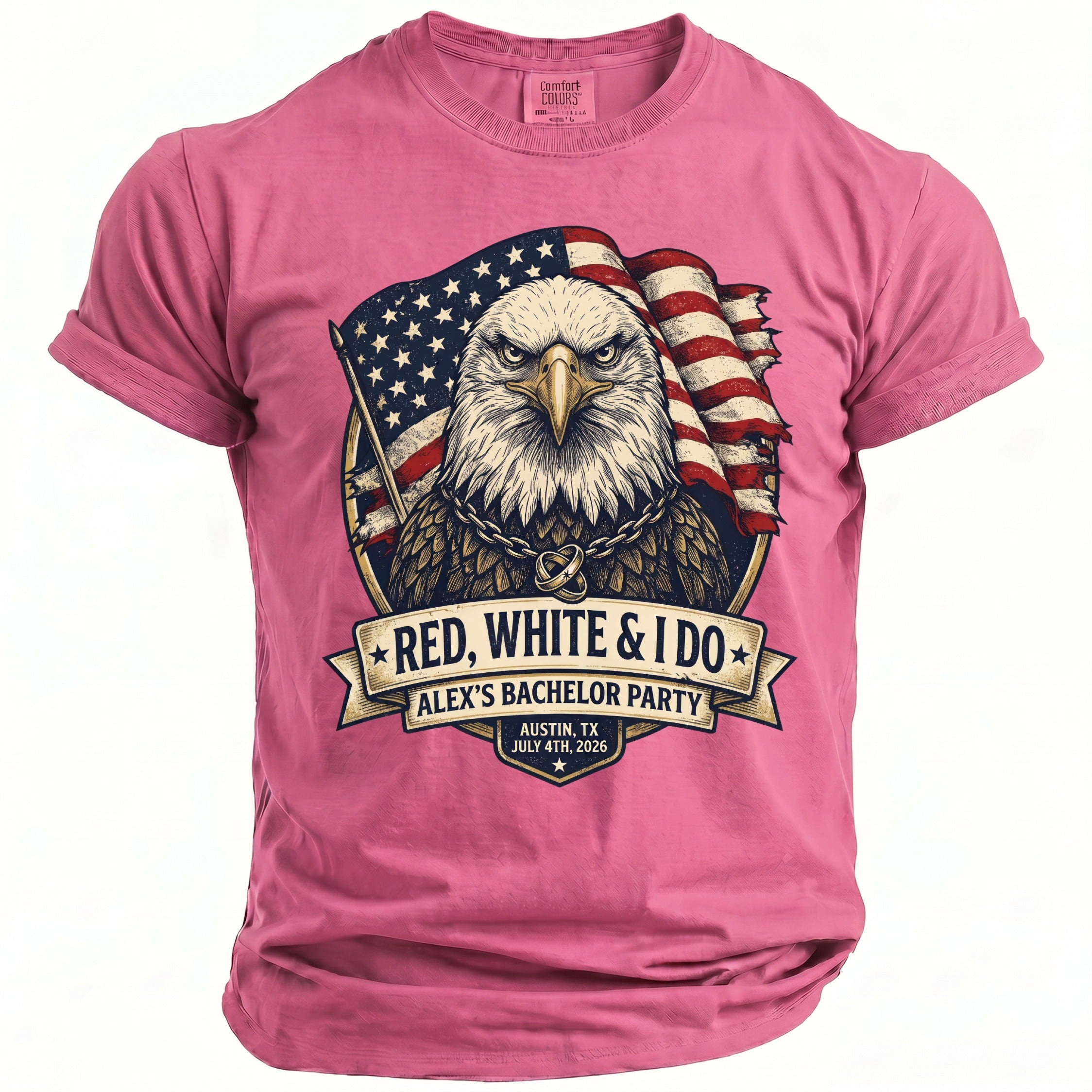 Pink t-shirt with American eagle graphic and text: "RED, WHITE & I DO"