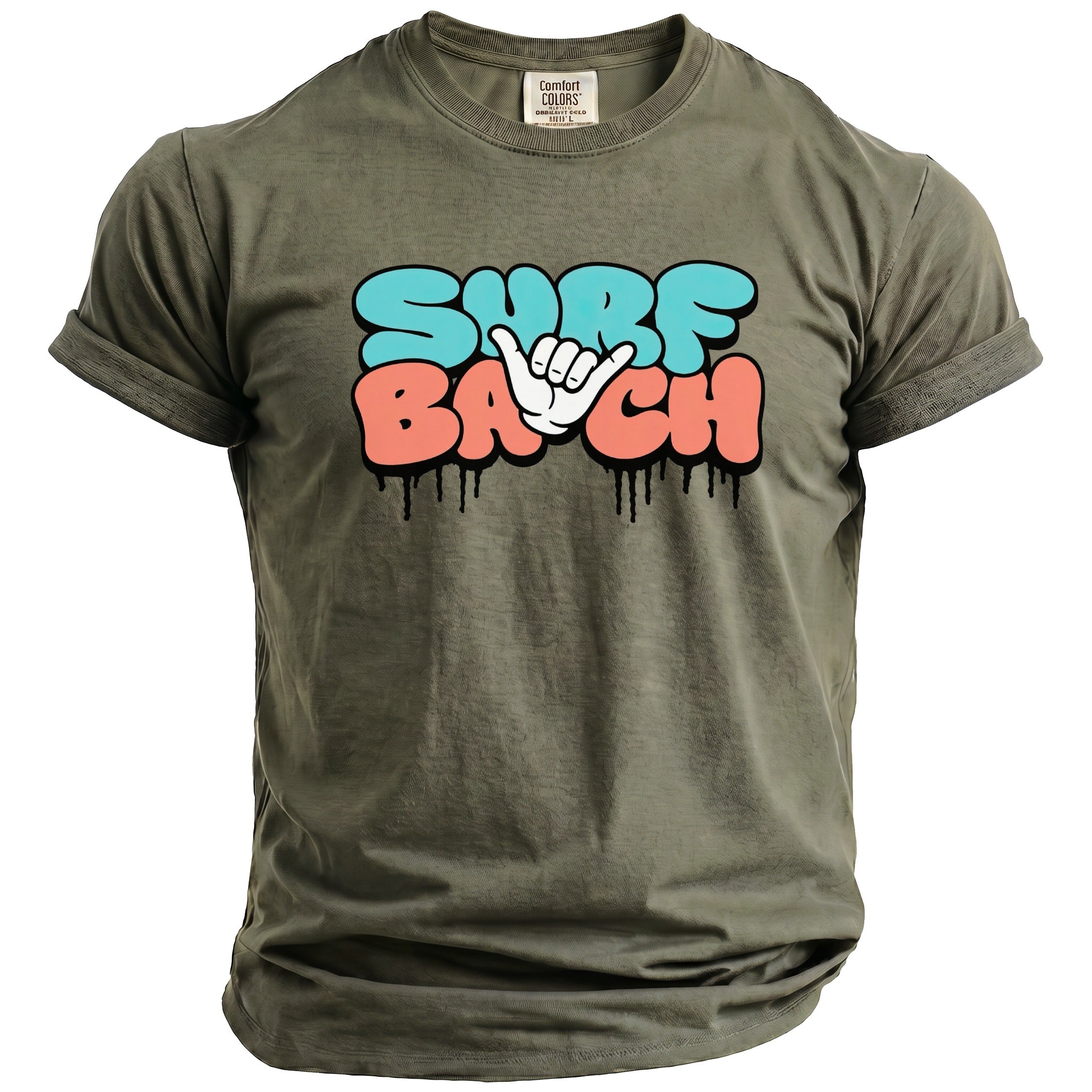 Olive green t-shirt with "SURF BACH" graffiti text and shaka hand gesture.