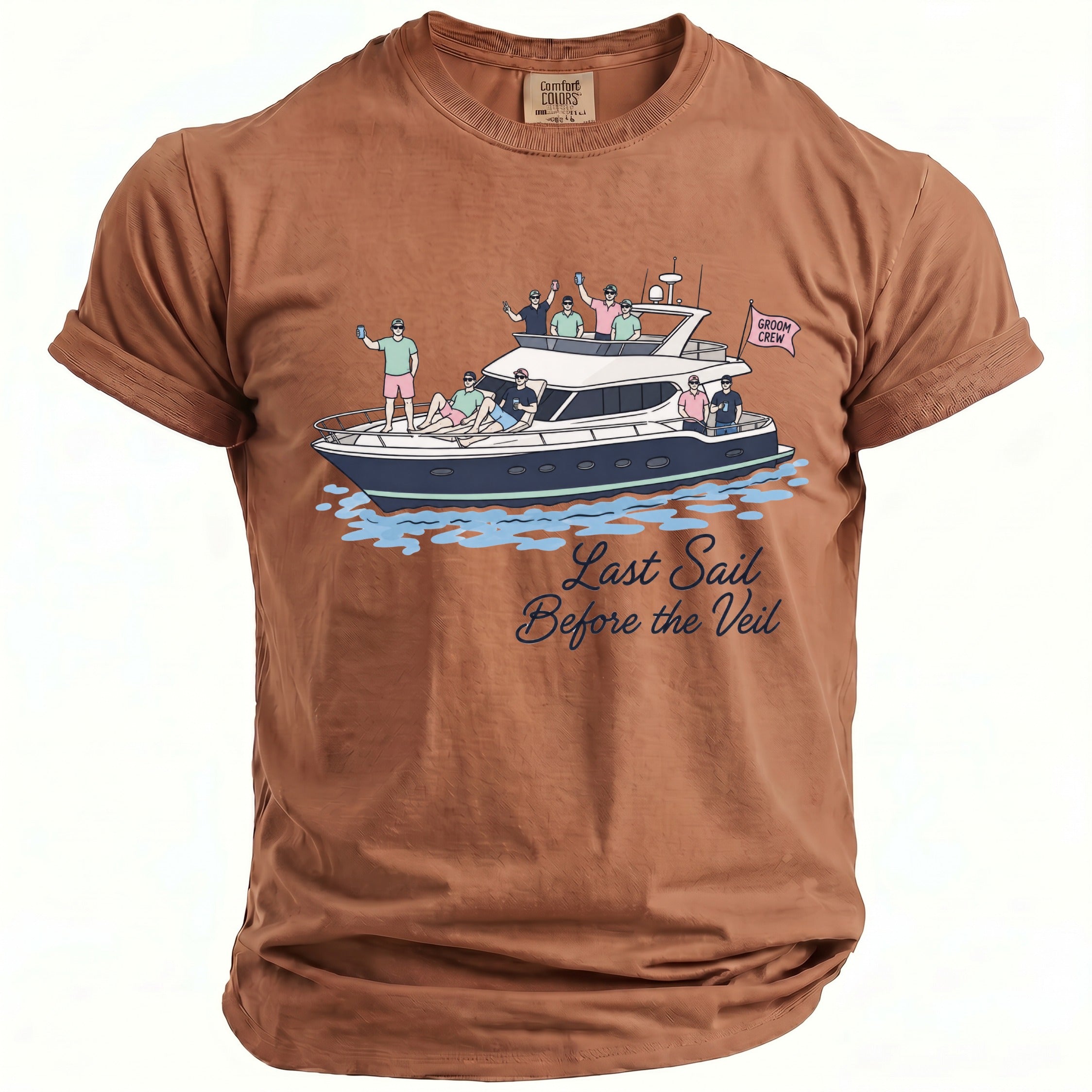 Brown t-shirt with graphic of men on a yacht and text "Last Sail Before the Veil".