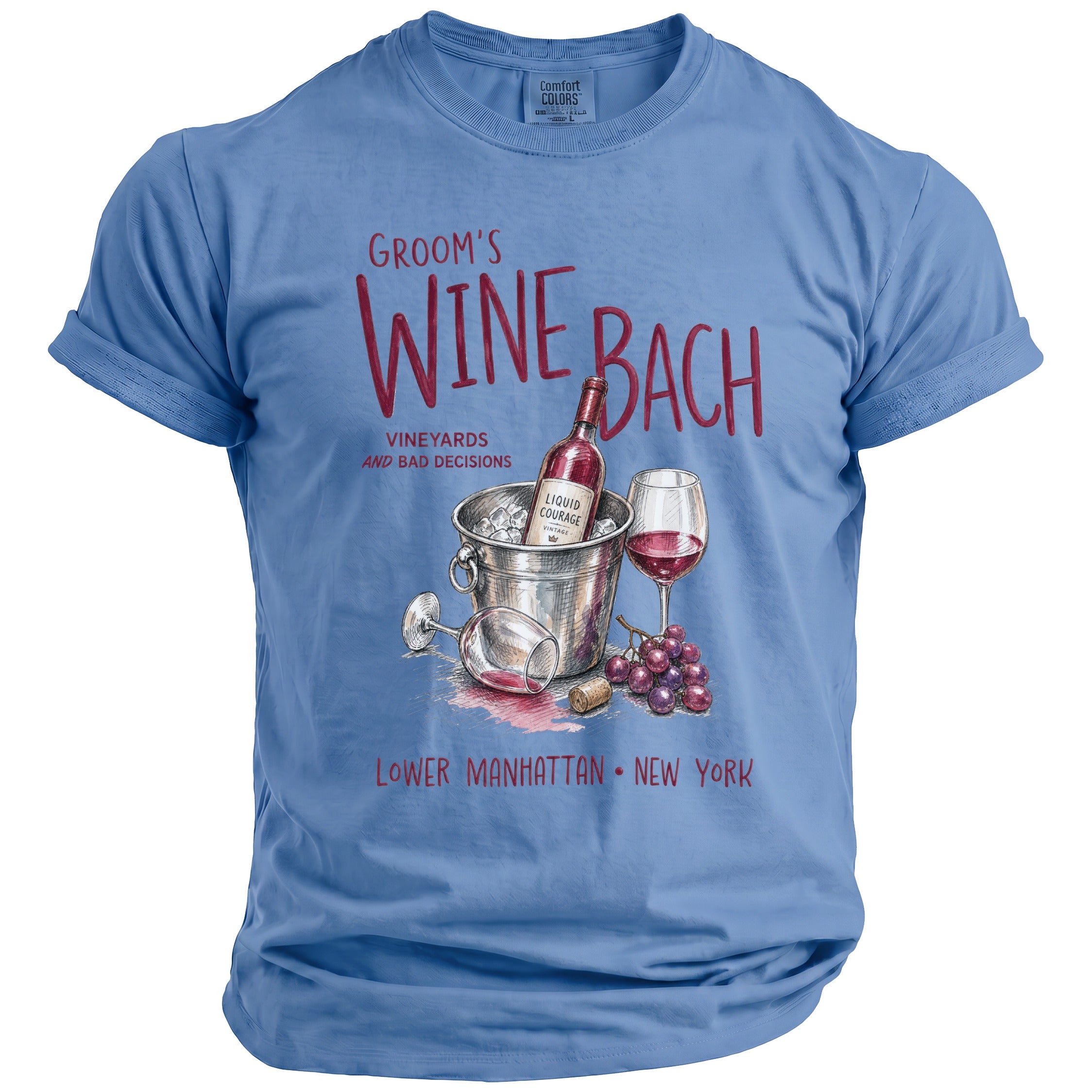 Groom's Wine Bach t-shirt with wine bottle, glasses, grapes, and text.