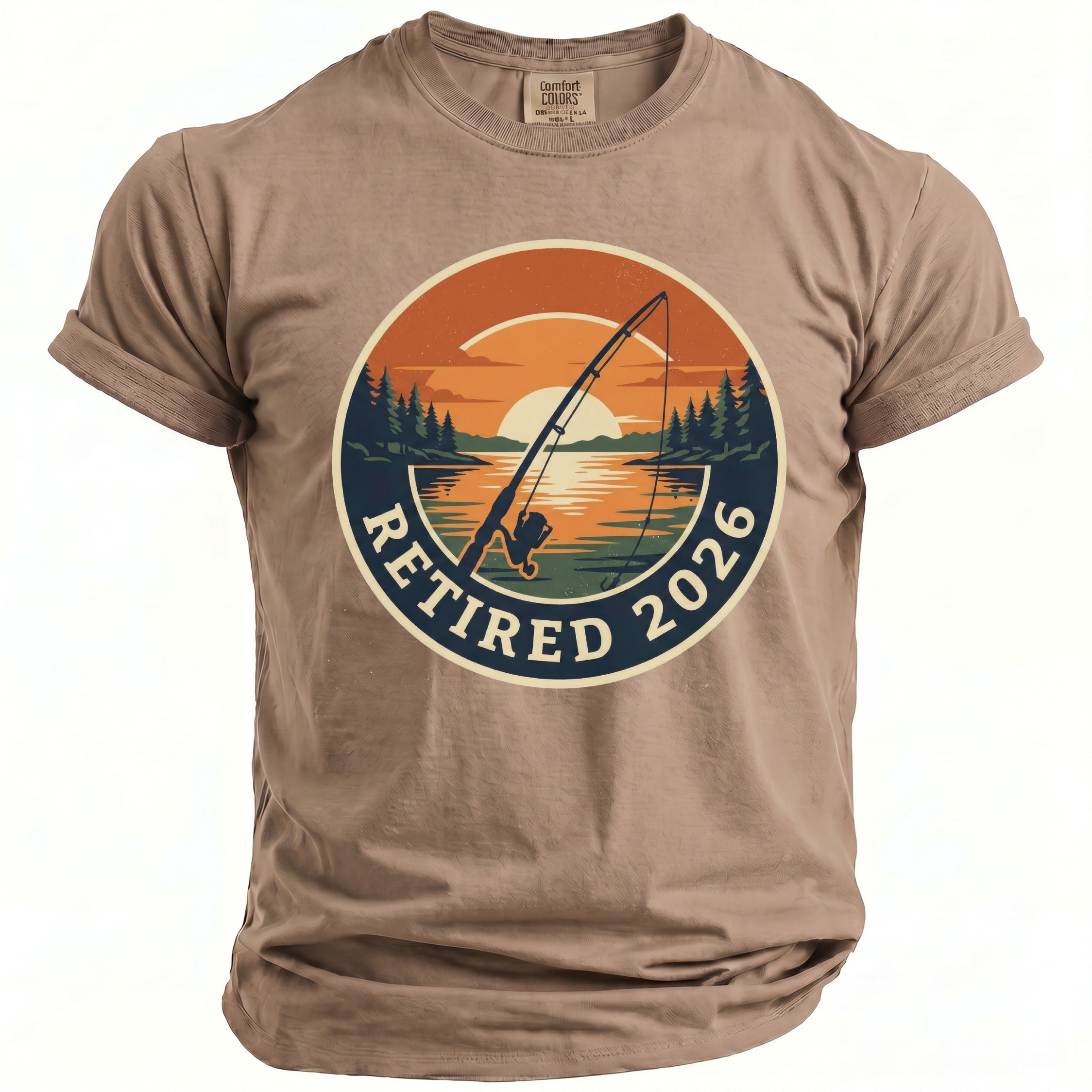 T-shirt with a graphic of a fishing rod on a lake at sunset, reading "Retired 2026".