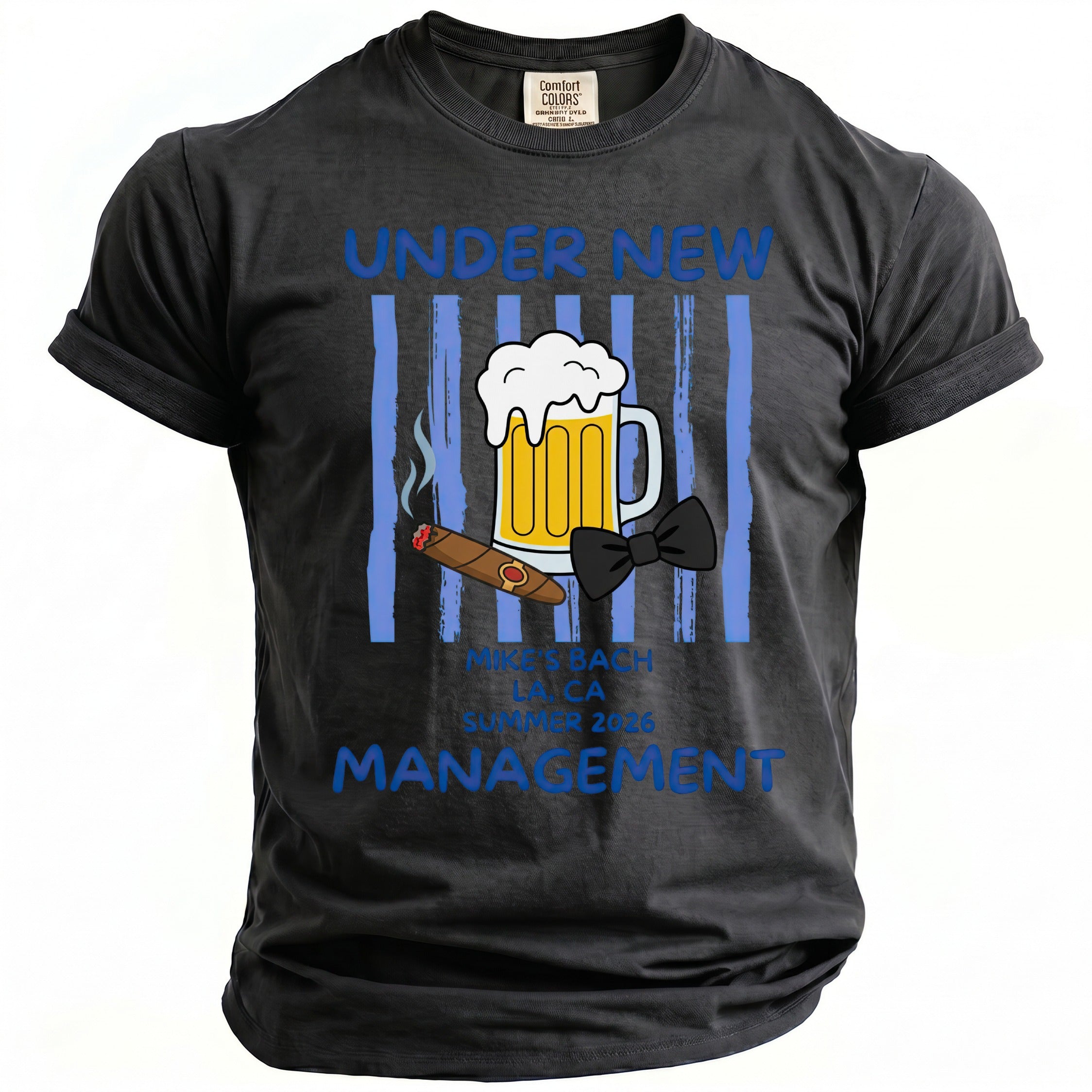 T-shirt graphic with beer, cigar, bow tie, and text "Under New Management"