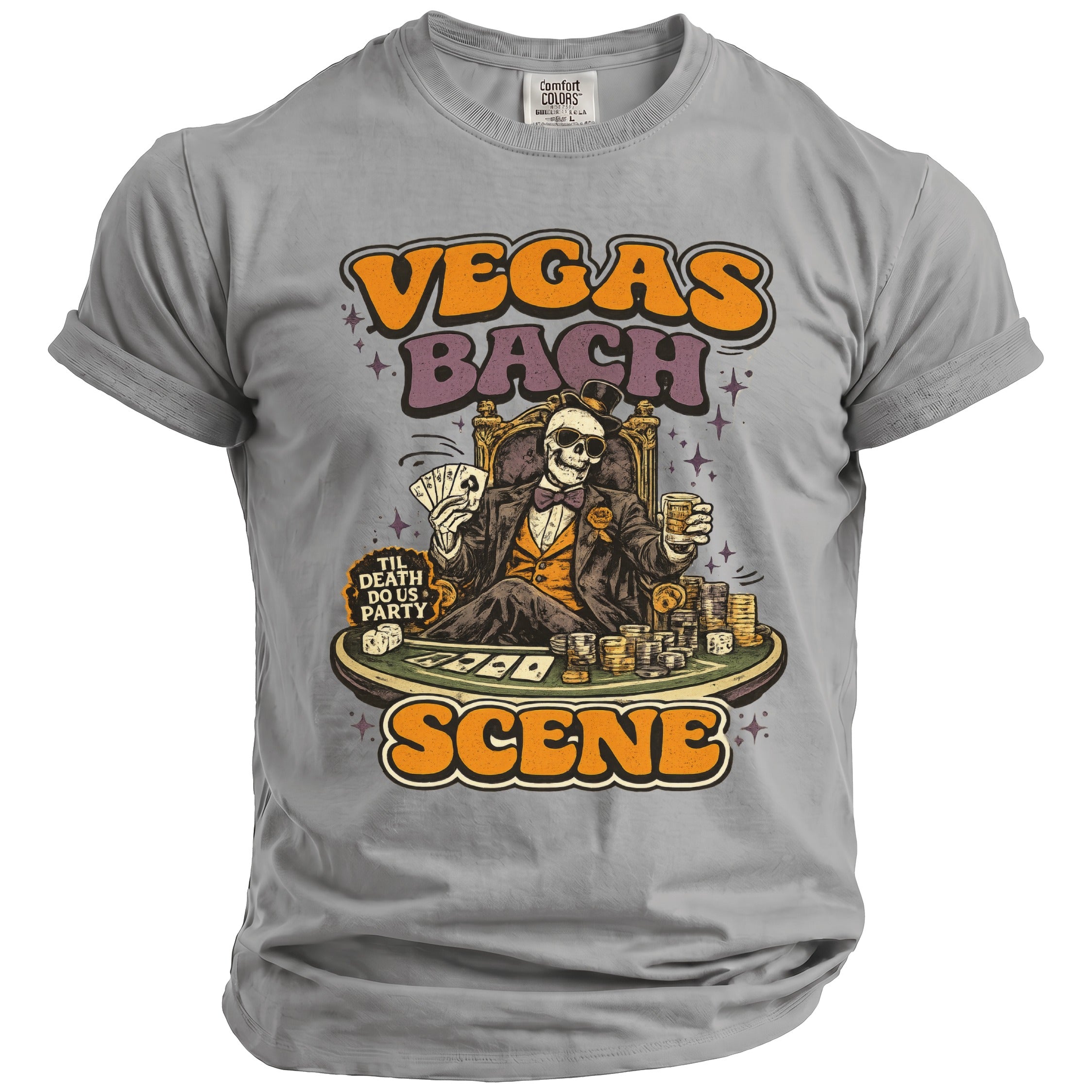 Skeleton playing poker with cards, chips, and drinks; text reads "Vegas Bach Scene".