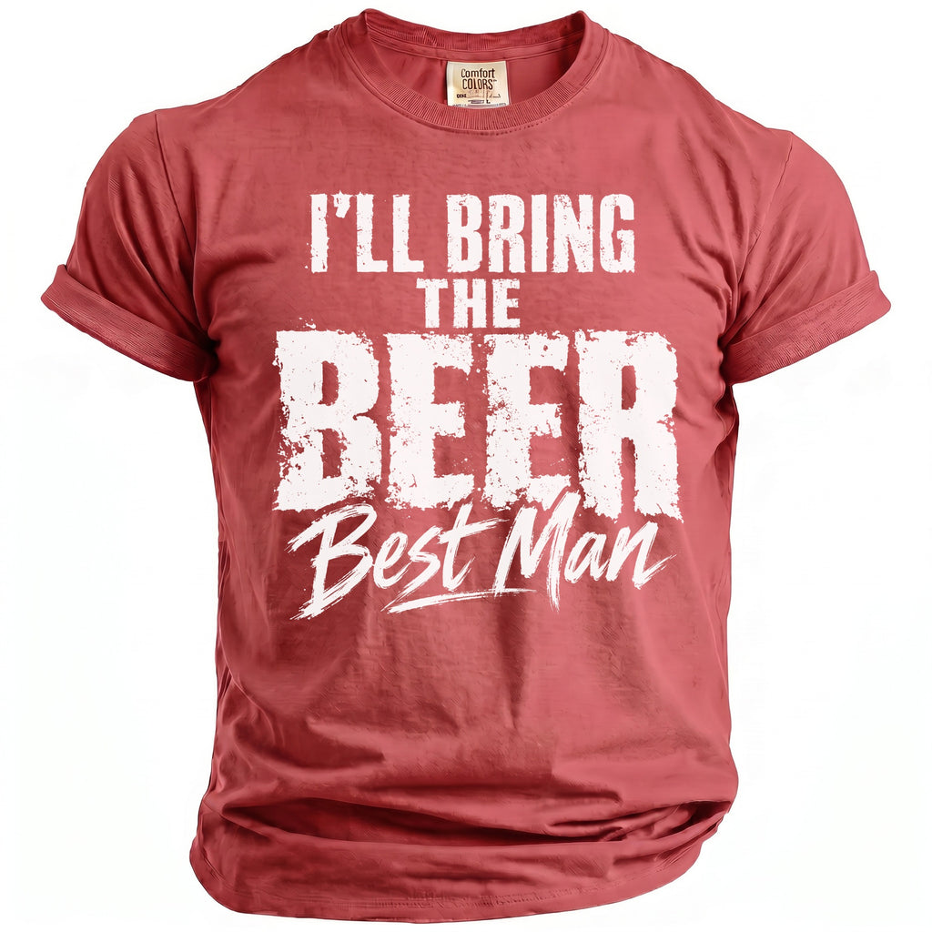 Red t-shirt with white text "I'LL BRING THE BEER Best Man".