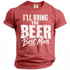 Red t-shirt with white text "I'LL BRING THE BEER Best Man".