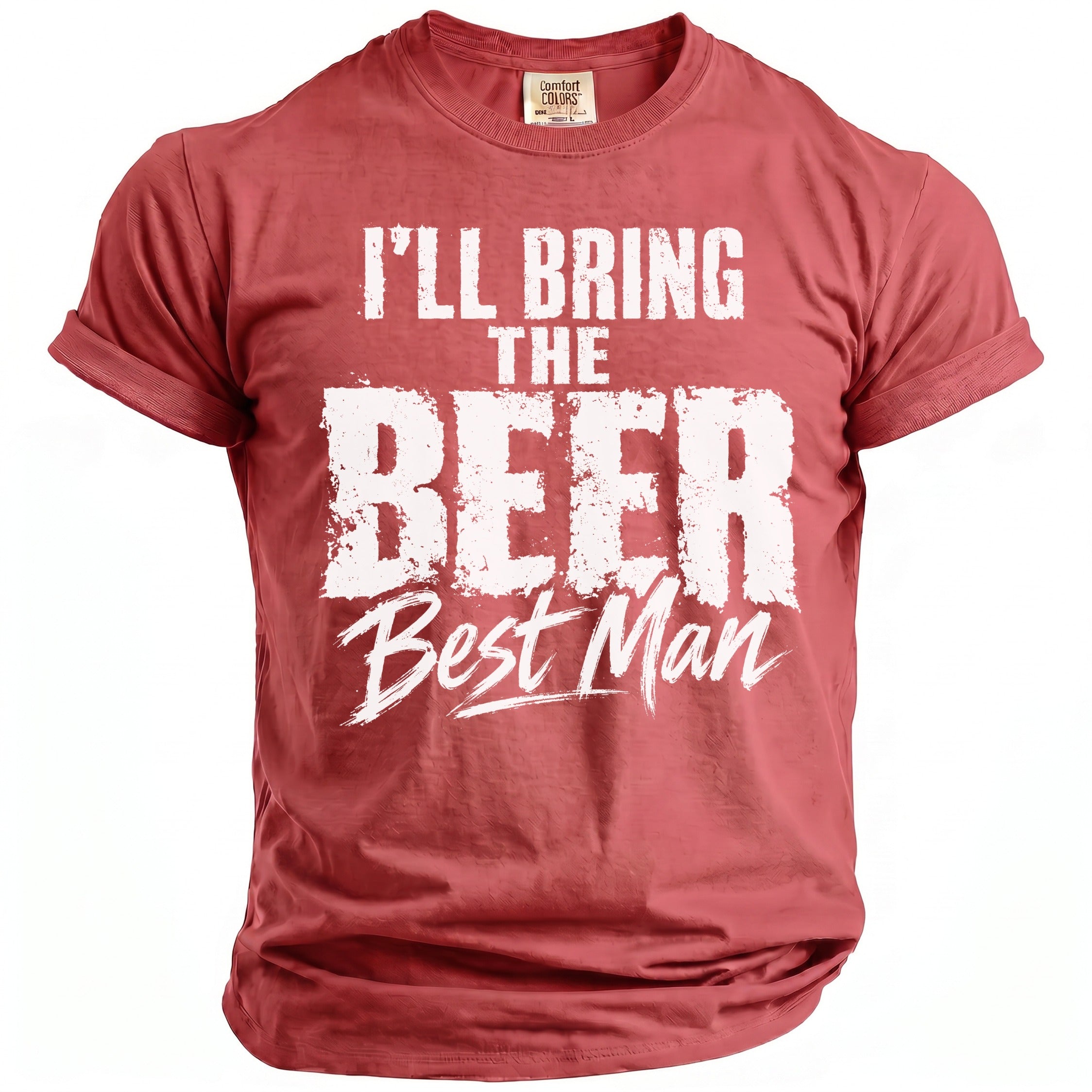 Red t-shirt with white text "I'LL BRING THE BEER Best Man".