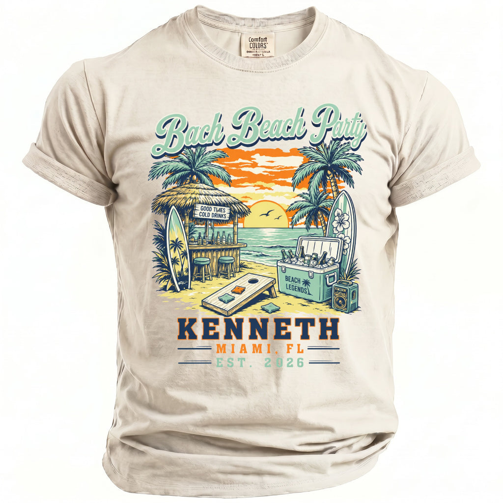 T-shirt with "Bach Beach Party" graphic, beach scene, and "Kenneth Miami, FL Est. 2026".
