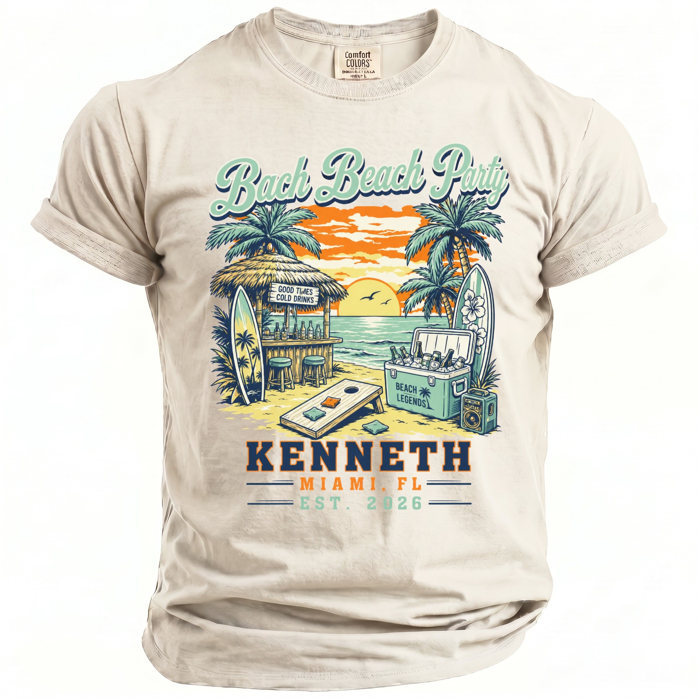T-shirt with "Bach Beach Party" graphic, beach scene, and "Kenneth Miami, FL Est. 2026".
