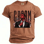 Brown Comfort Colors t-shirt with a devilish man in a suit and flames graphic.