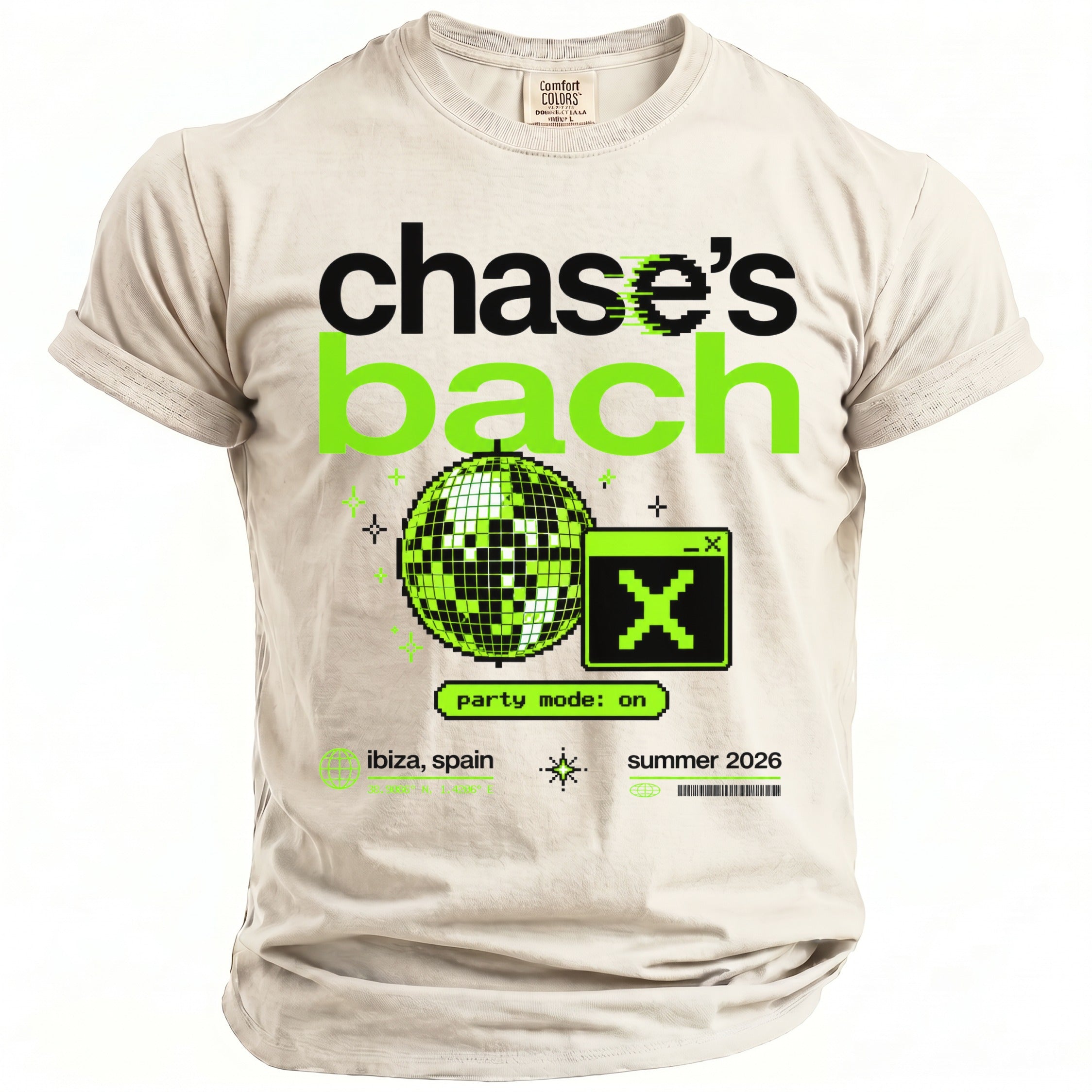 T-shirt with "chase's bach" text, pixelated disco ball, and party graphics.