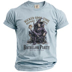 Light blue t-shirt with a graphic of a seated figure holding a ring and text "WICKED GOOD TIME BEFORE THE RING BACHELOR PARTY".