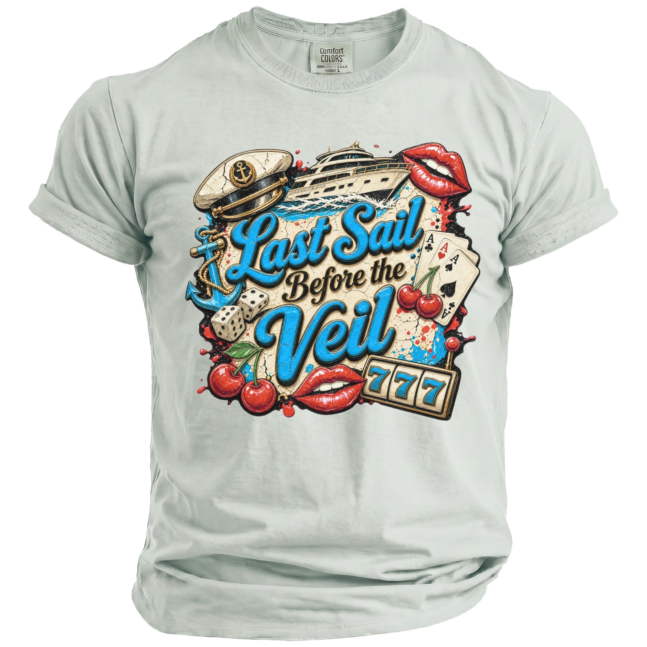 Light gray t-shirt featuring a nautical themed graphic with the text Last Sail Before the Veil.