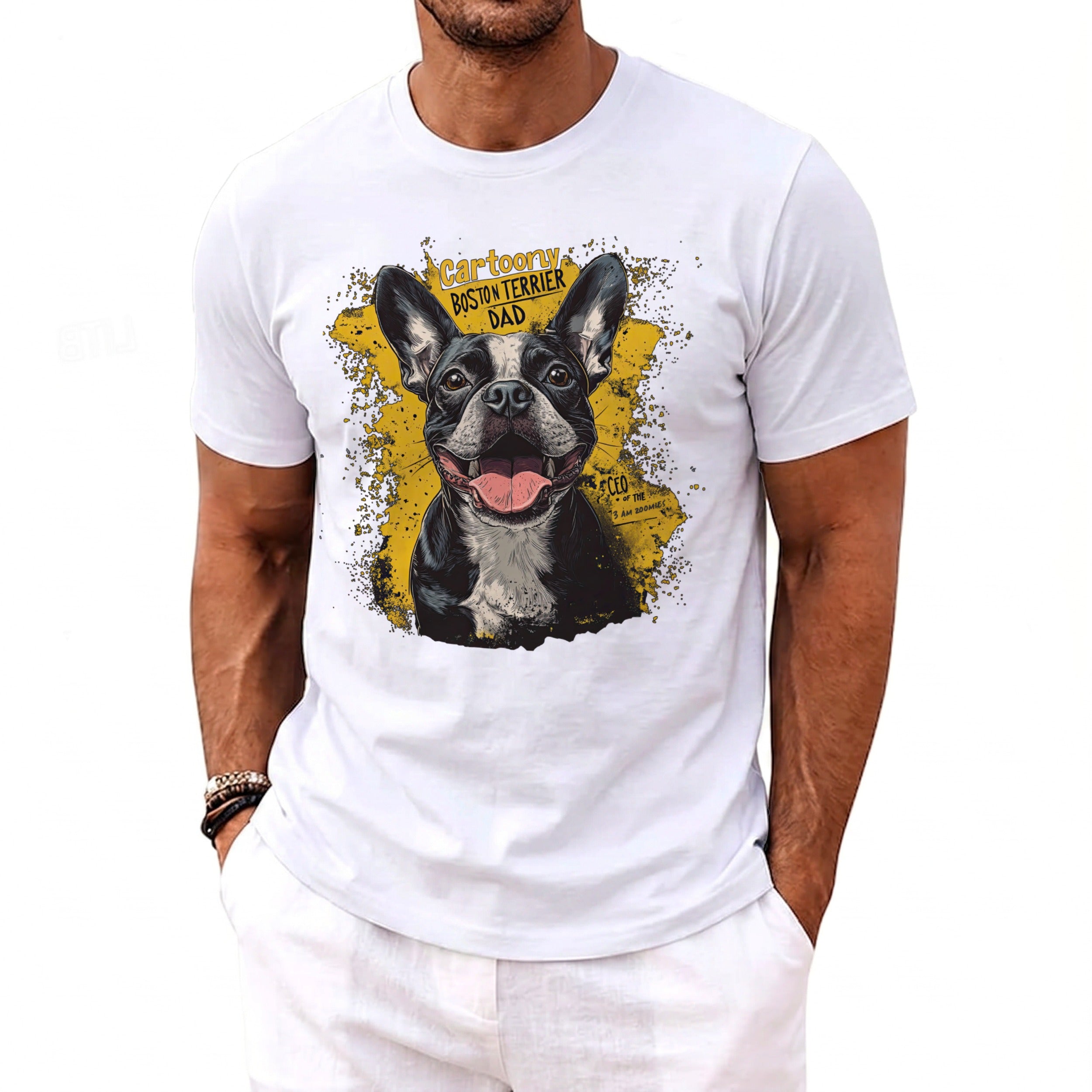 White t-shirt with a cartoon Boston Terrier wearing a yellow splatter background.