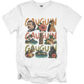 White t-shirt with "GAUGUIN" text and illustrations of Tahiti, island figures, and fruit.