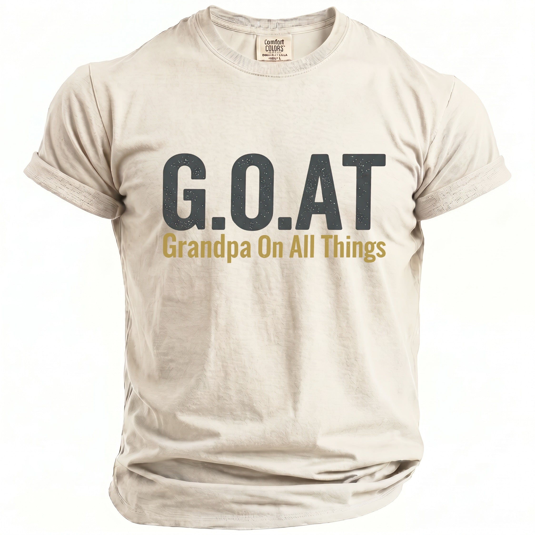 Beige t-shirt with "G.O.A.T. Grandpa On All Things" text.